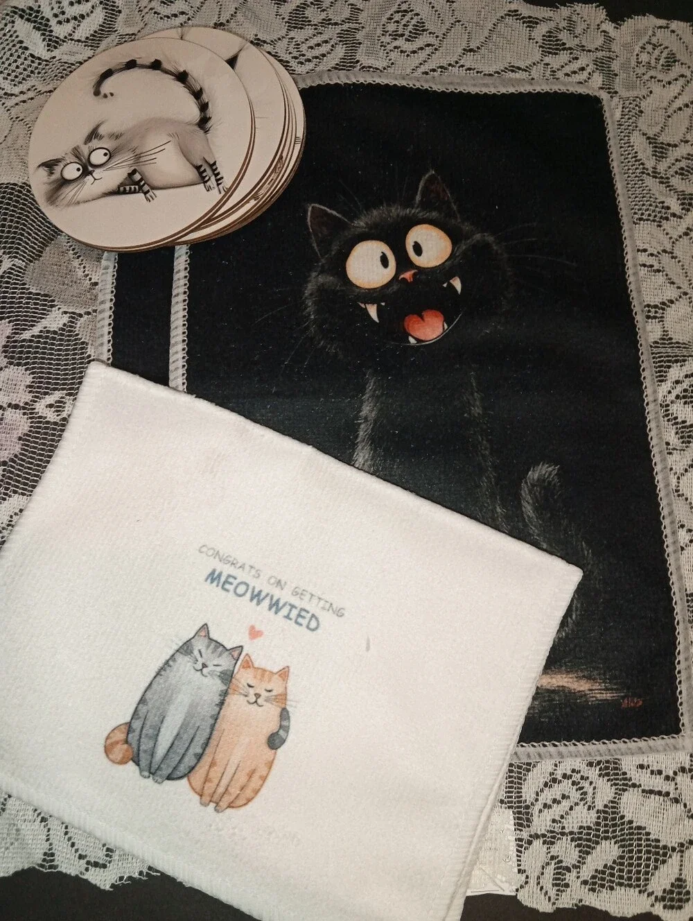 Cat Lovers Getting Married? Two Sets Of Two Washcloths And 8 Coasters